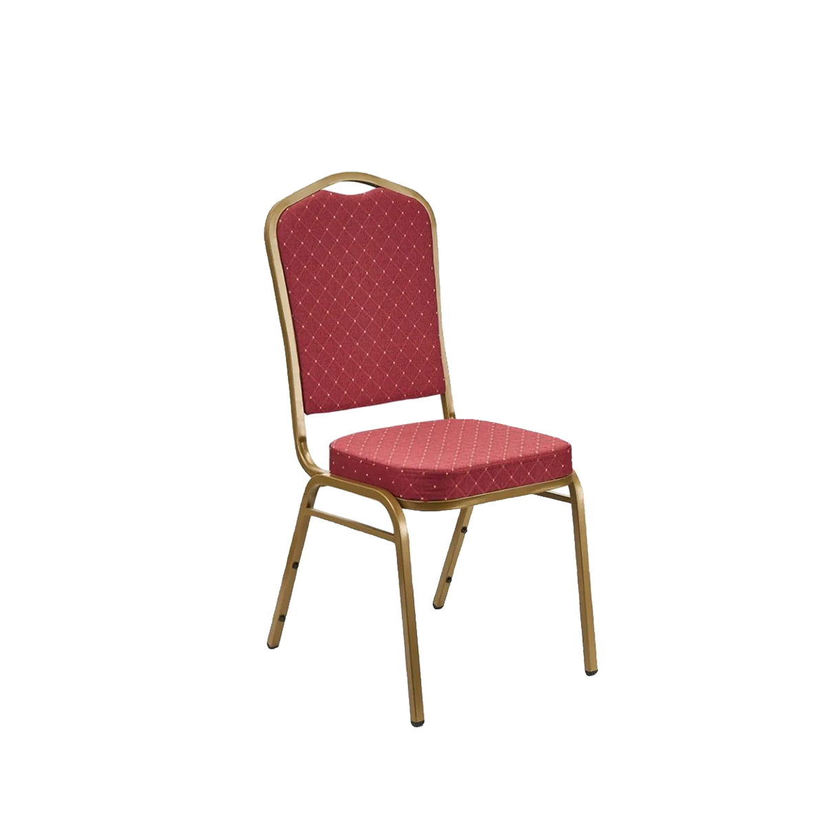 A high-back conference chair with a red patterned fabric cushioned seat and backrest, supported by a gold metal frame, shown against a plain white background.