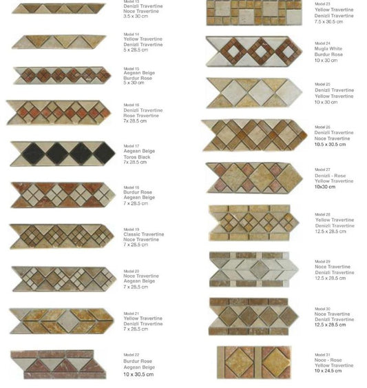 Natural stone decorative border models 13 to 31 with sizes and materials