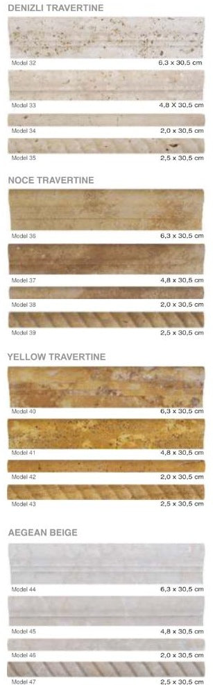 Natural stone moulding models 32 to 47: Denizli, Noce, Yellow and Aegean Beige