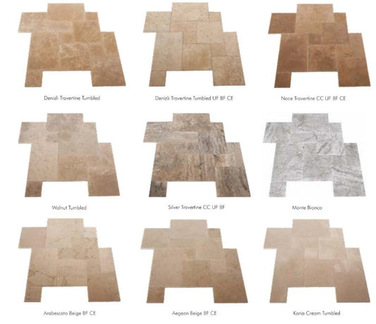 Natural stone pattern sets: Denizli, Noce, Walnut, Silver, Monte Bianco, Arabescato, Aegean and Karia
