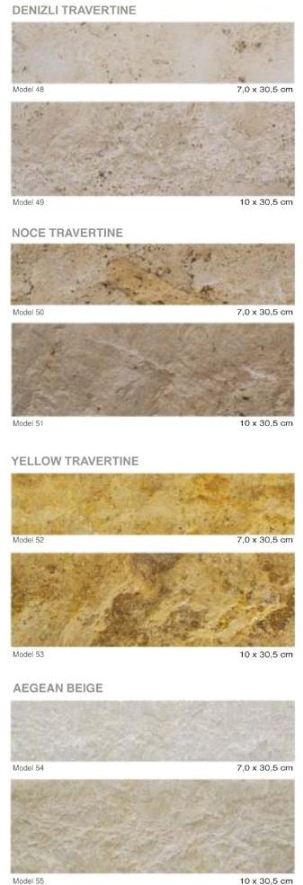 Split-face natural stone cladding models 48 to 55 with materials and sizes
